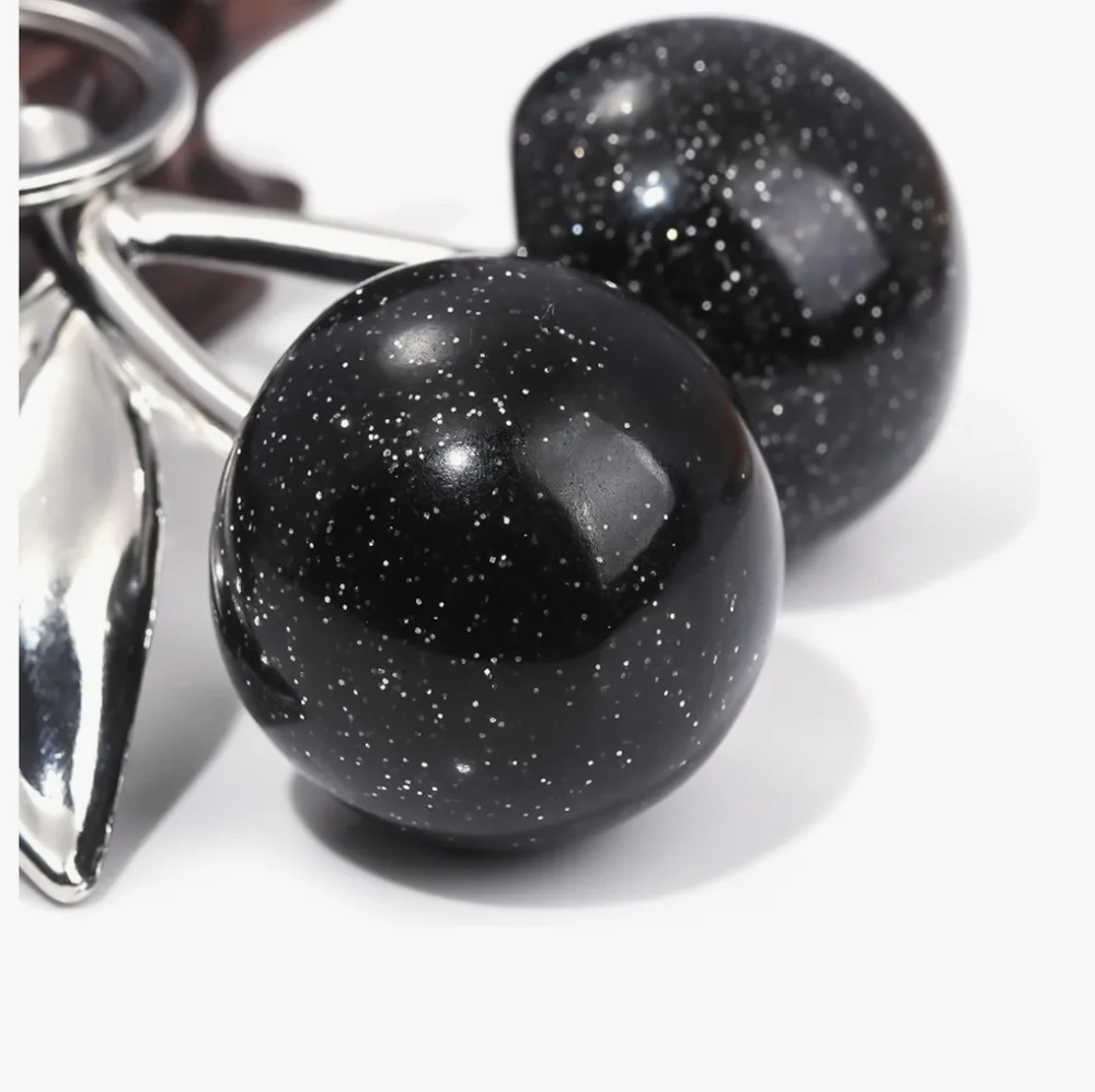 Glitter Cherries Large Black Silver Bag Charm Keychain Ring Pendant - Picture 2 of 6